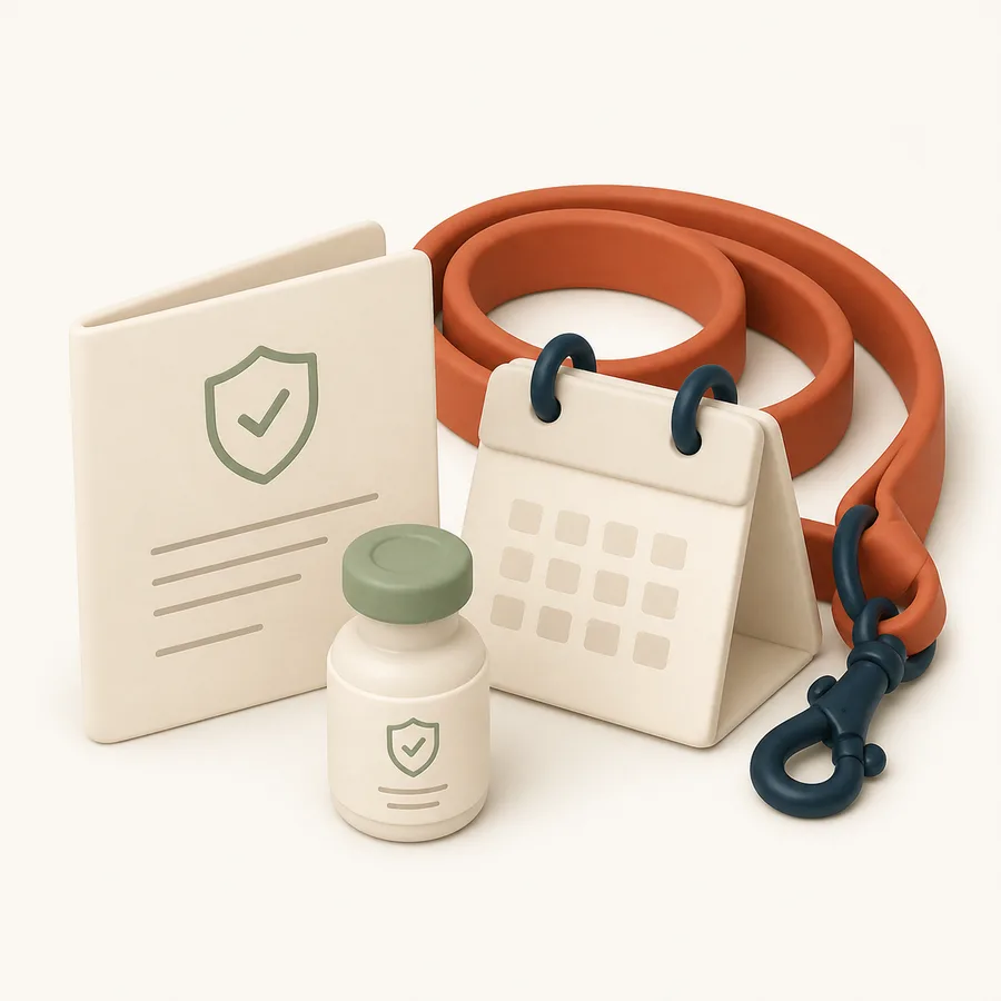 A vaccination certificate, a vaccine vial, a calendar block and a coiled lead