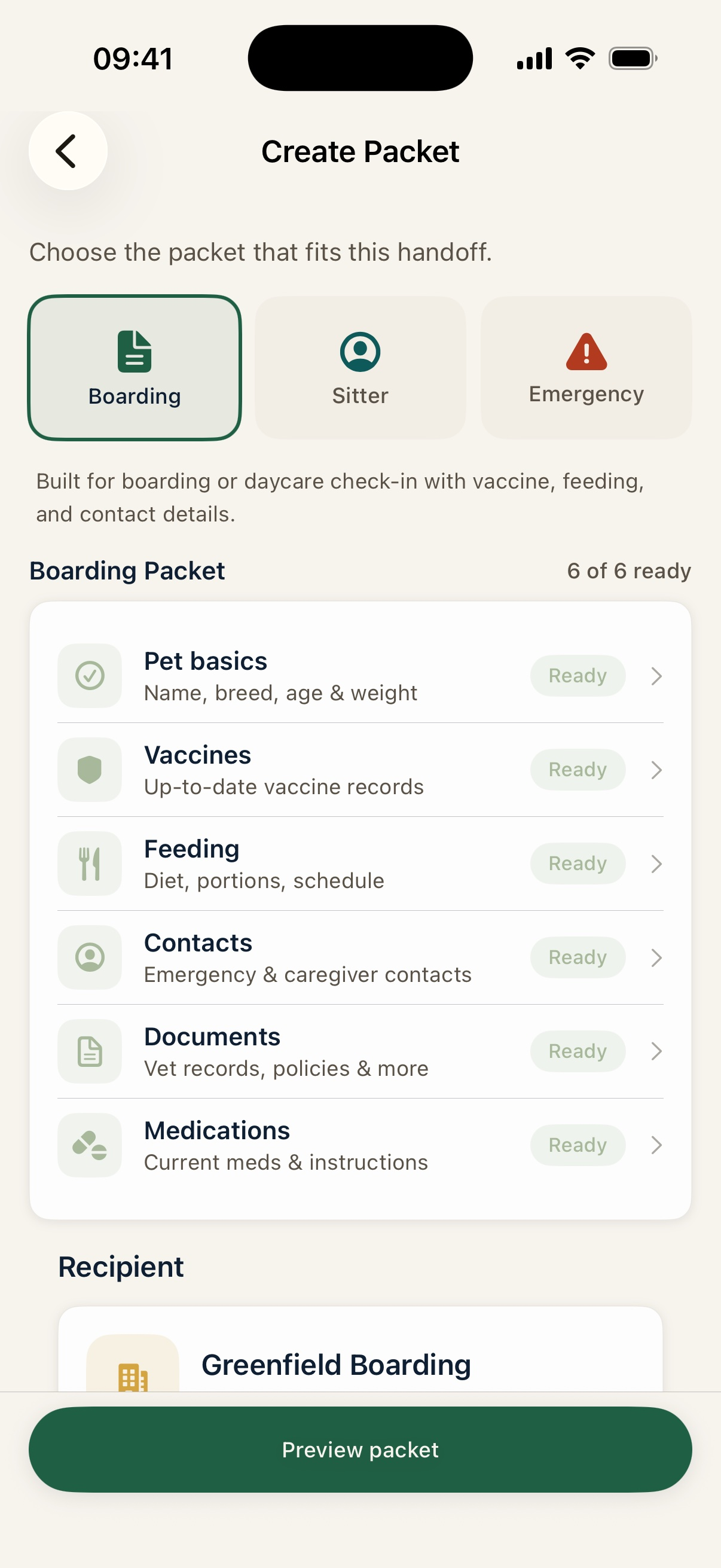 Create Packet with boarding selected and all six sections marked ready