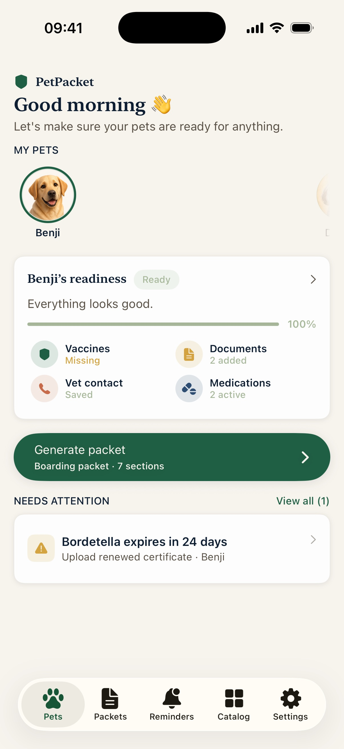 Benji at 100% ready, with a warning that his Bordetella certificate expires in 24 days