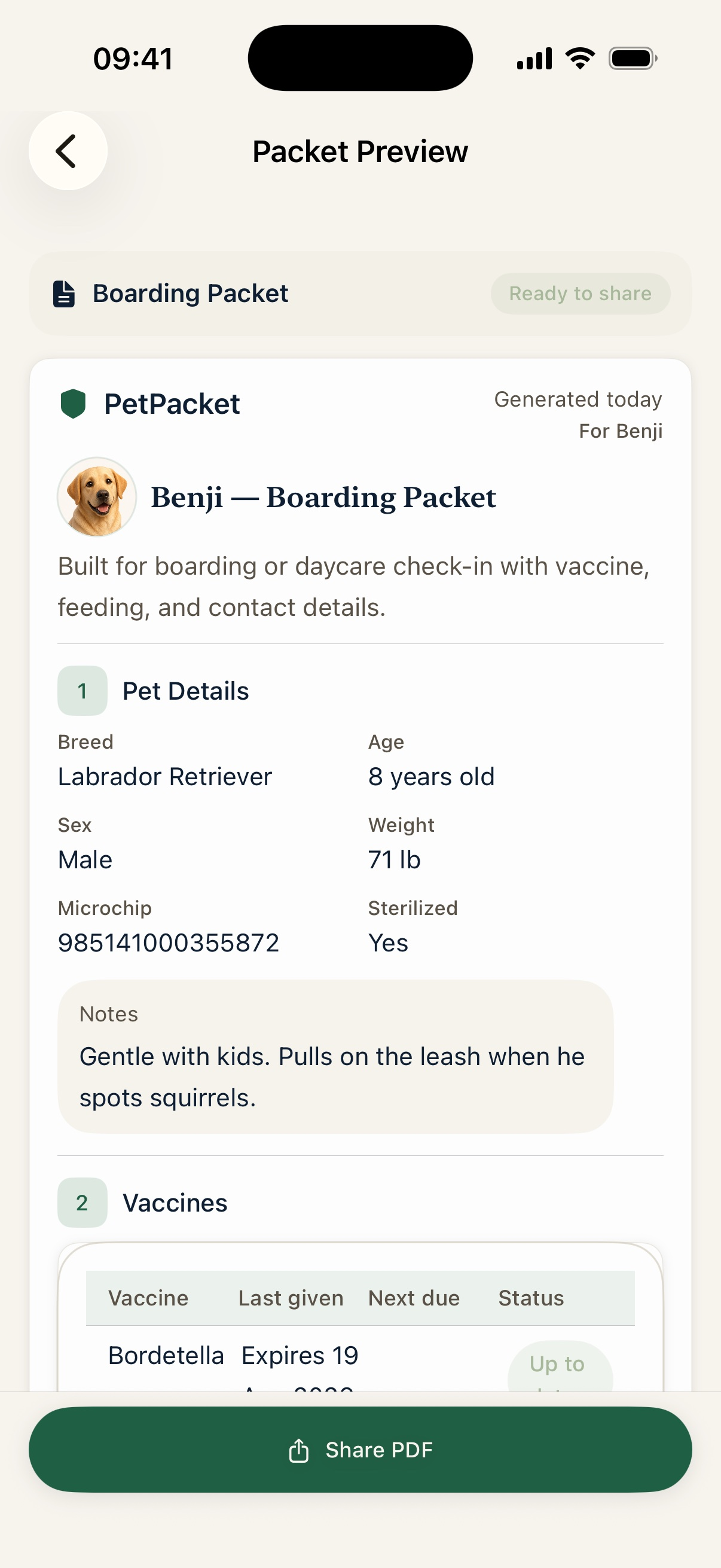 Benji's finished boarding packet, ready to share as a PDF